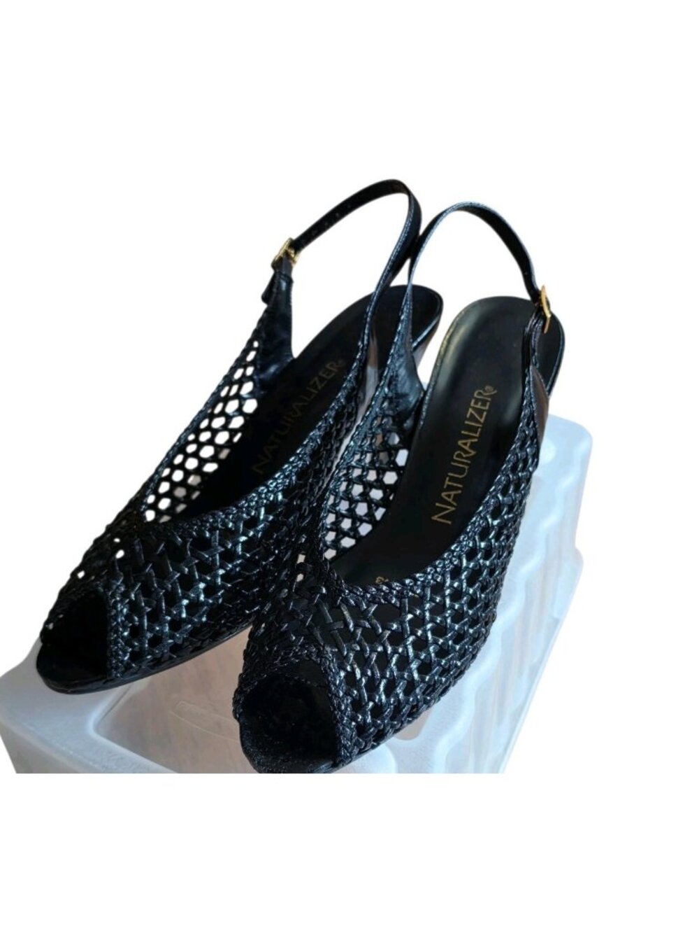 Vintage Naturalizer Sling Back Heels Size 8- 9M Black Woven Peep Toe Shoes ROC